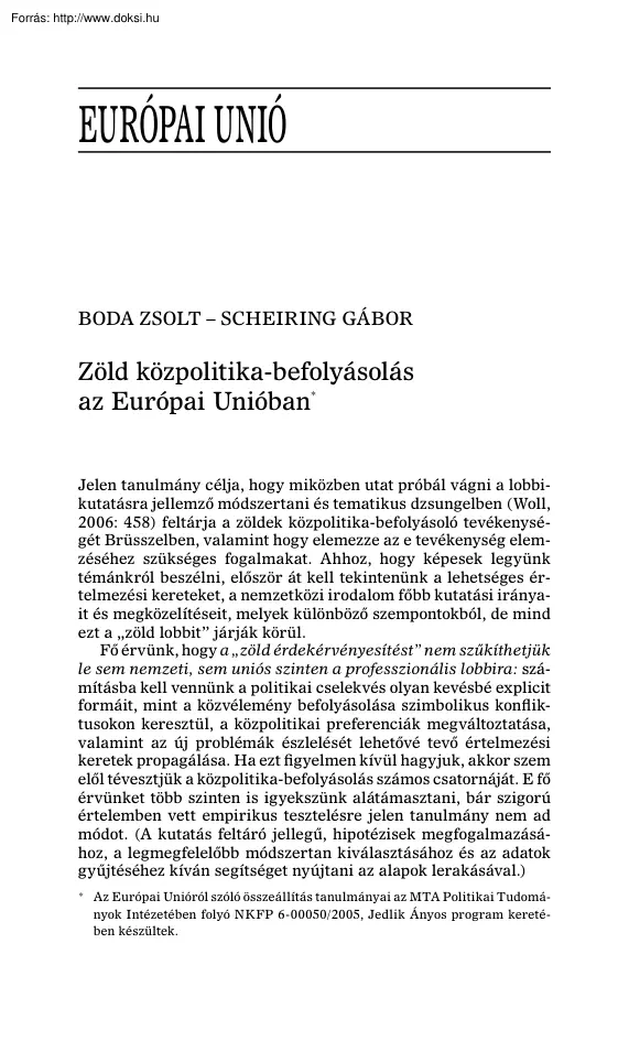 Boda-Scheiring - Zöld közpolitika-befolyásolás az Európai Unióban