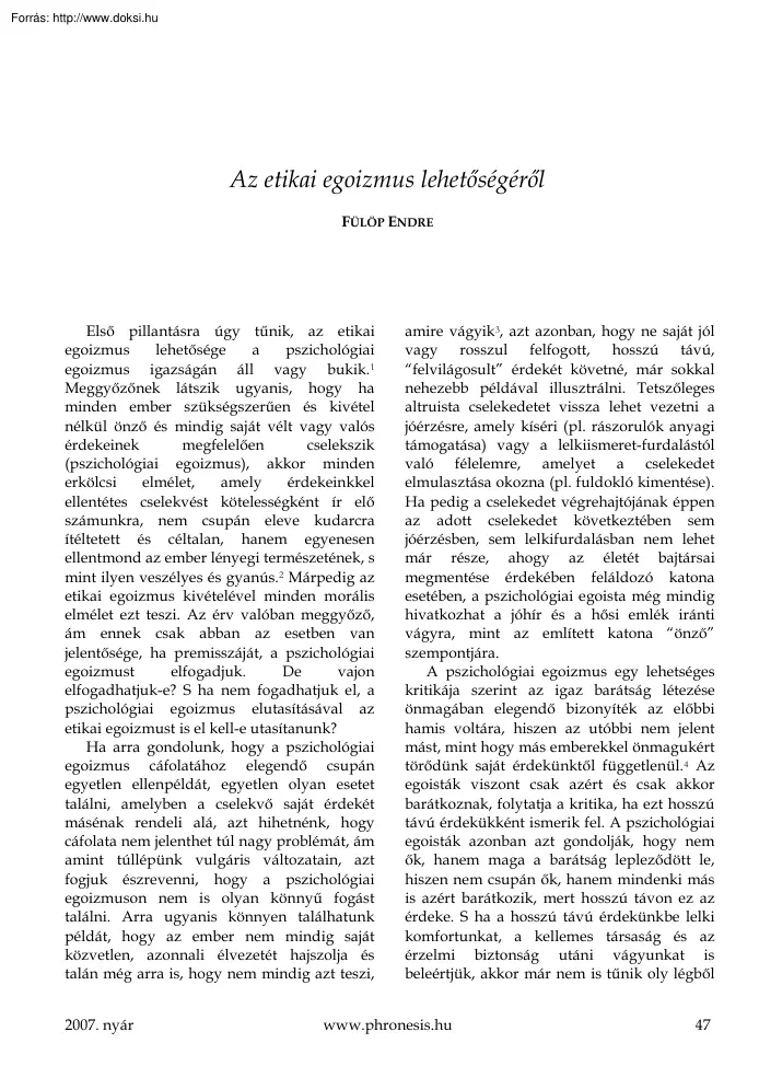 Fülöp Endre - Az etikai egoizmus lehetőségéről