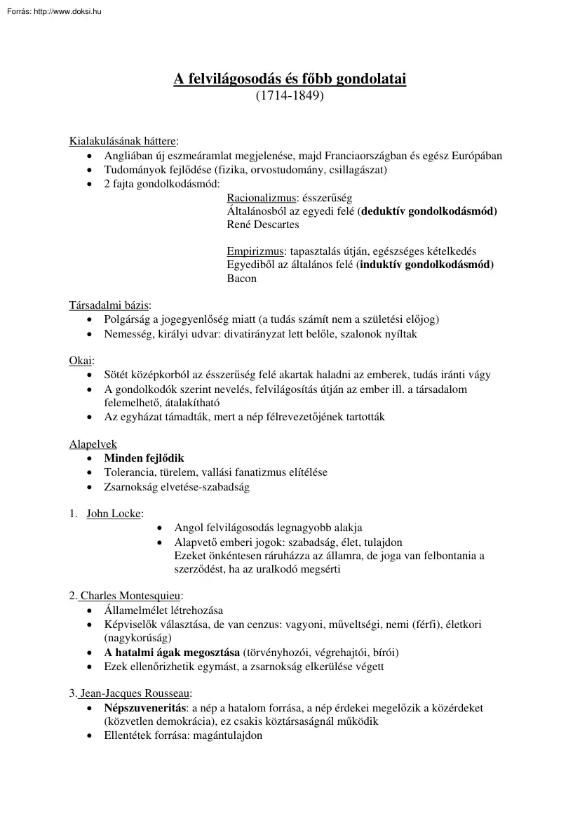 A felvilágosodás és főbb gondolatai