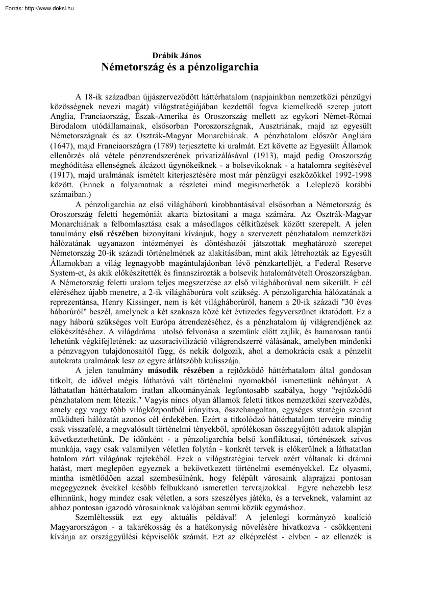 Drábik János - Németország és a pénzoligarchia