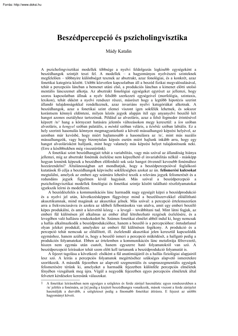 Mády Katalin - Beszédpercepció és pszicholingvisztika