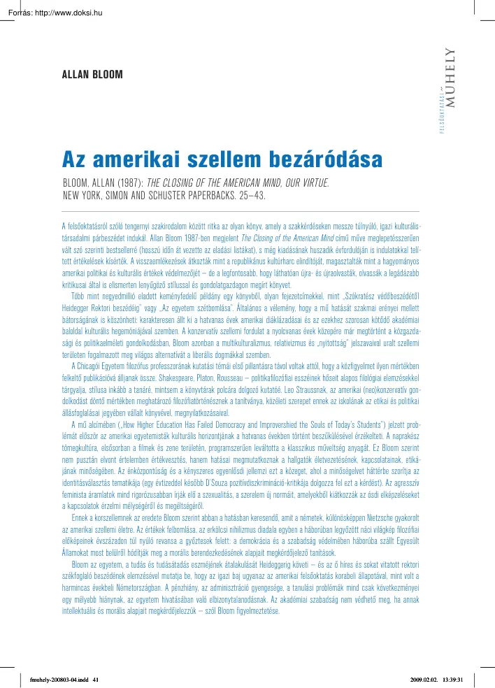 Allan Bloom - Az amerikai szellem bezáródása