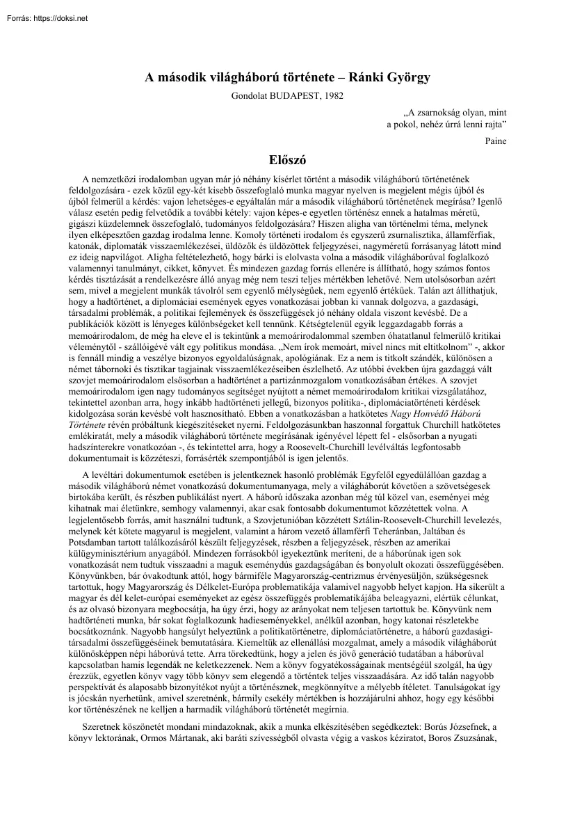 Ránki György - A második világháború története