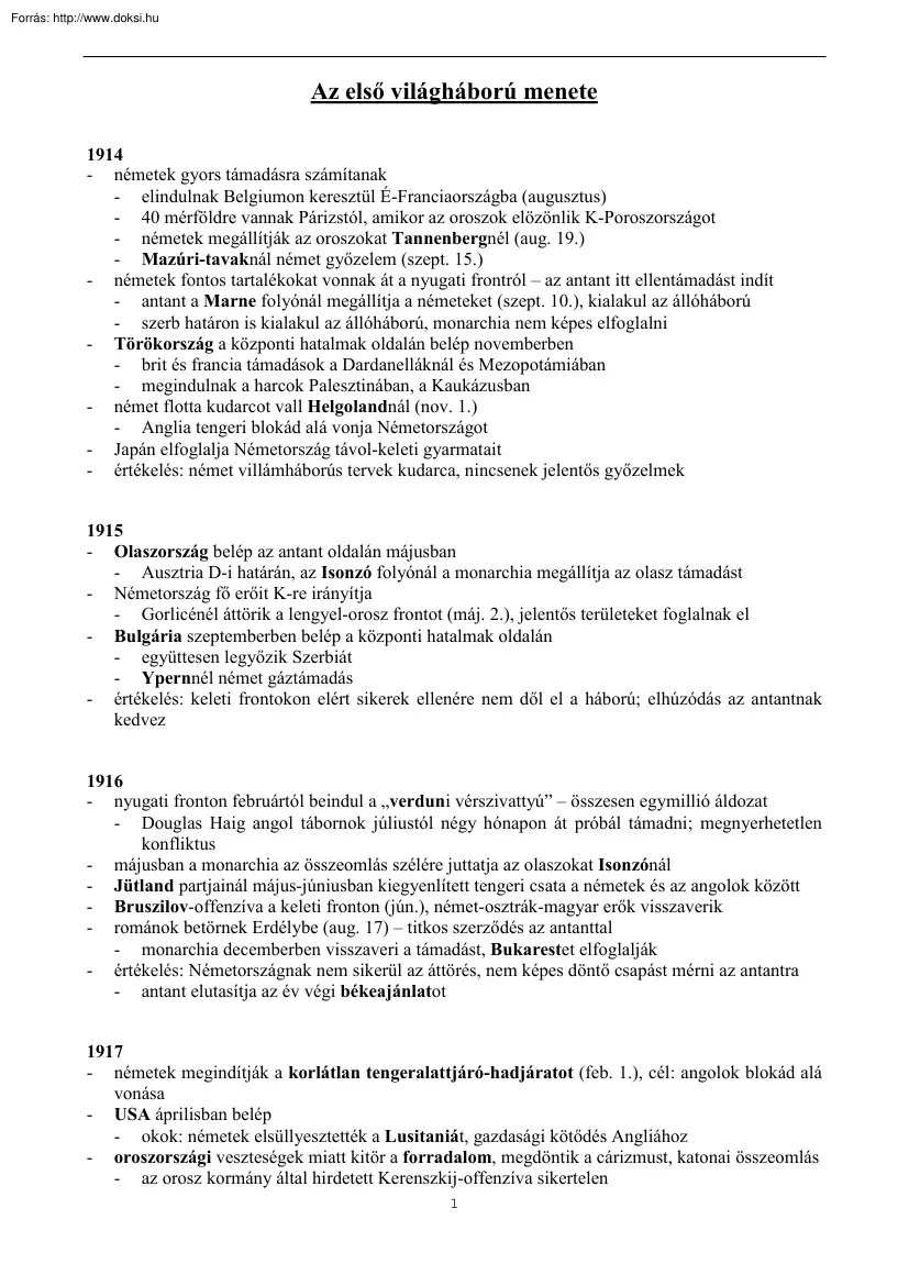 Az első világháború menete