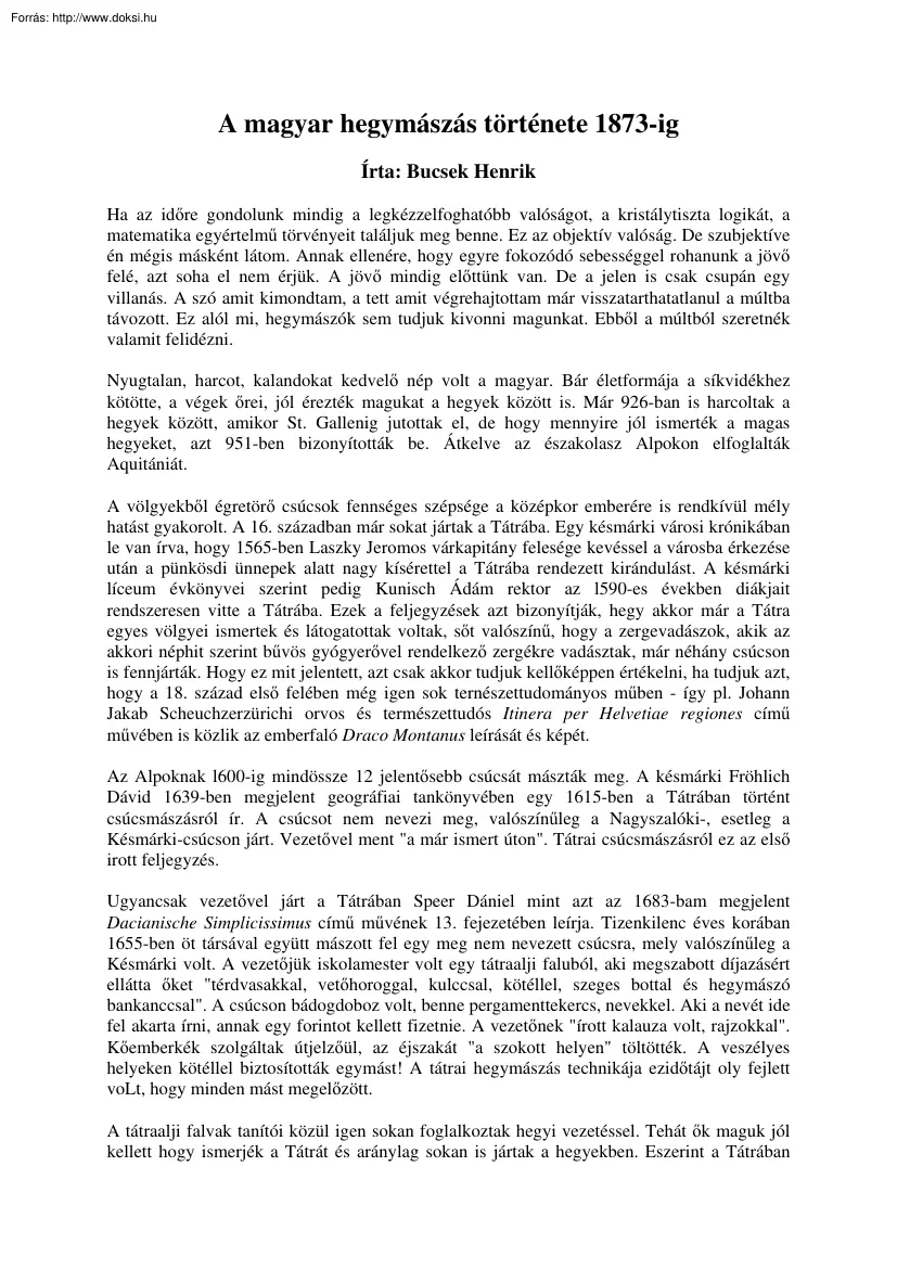 Bucsek Henrik - A magyar hegymászás története 1873-ig