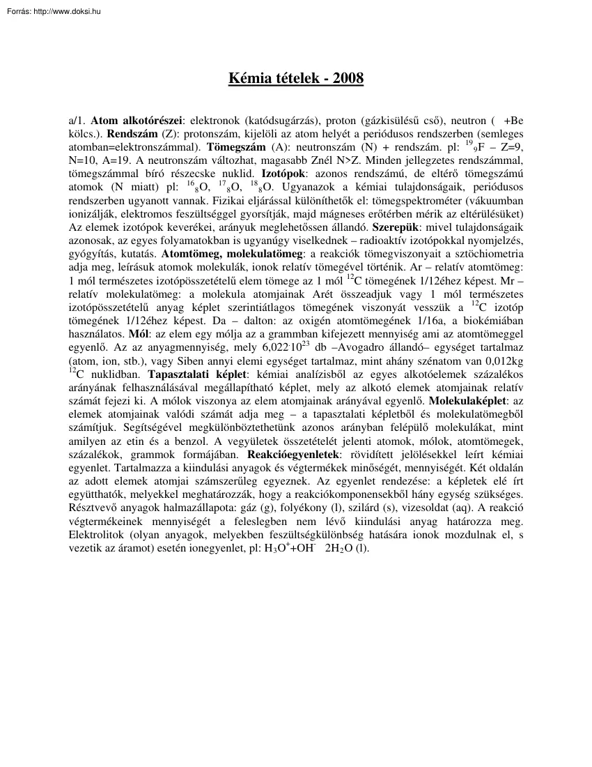Kémia tételek, 2008