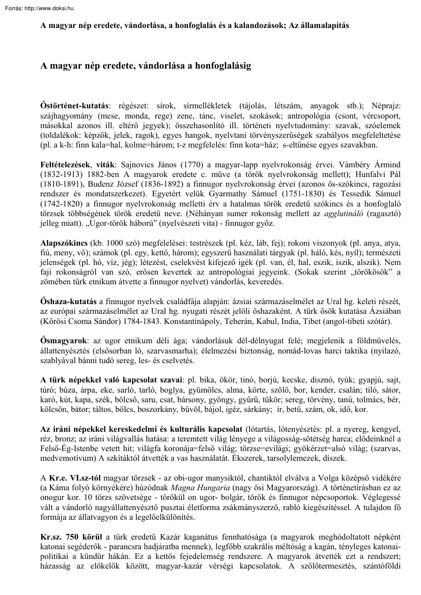 A magyar nép eredete, vándorlása a honfoglalásig