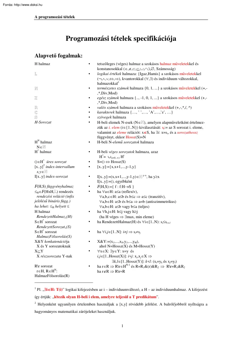 A programozási tételek specifikációja