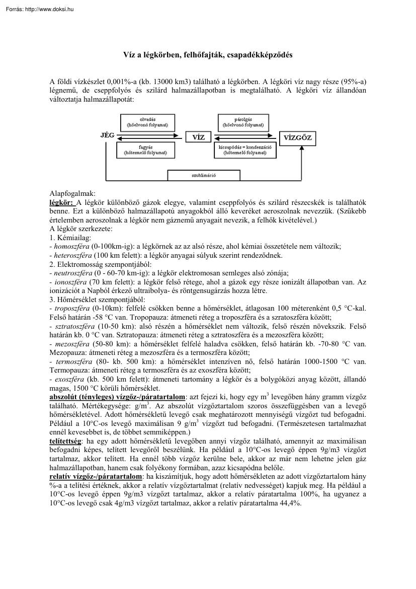 Víz a légkörben, felhőfajták, csapadék képződés