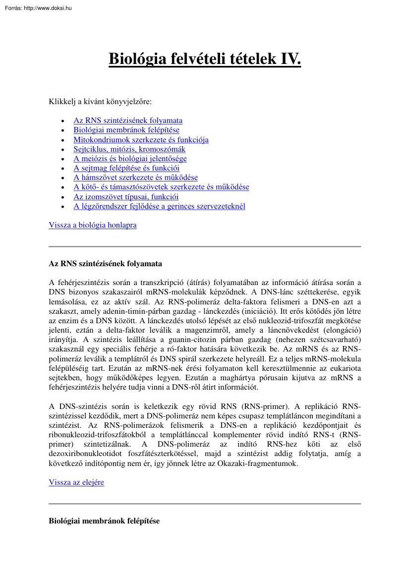 Biológia felvételi tételek IV.,  1999