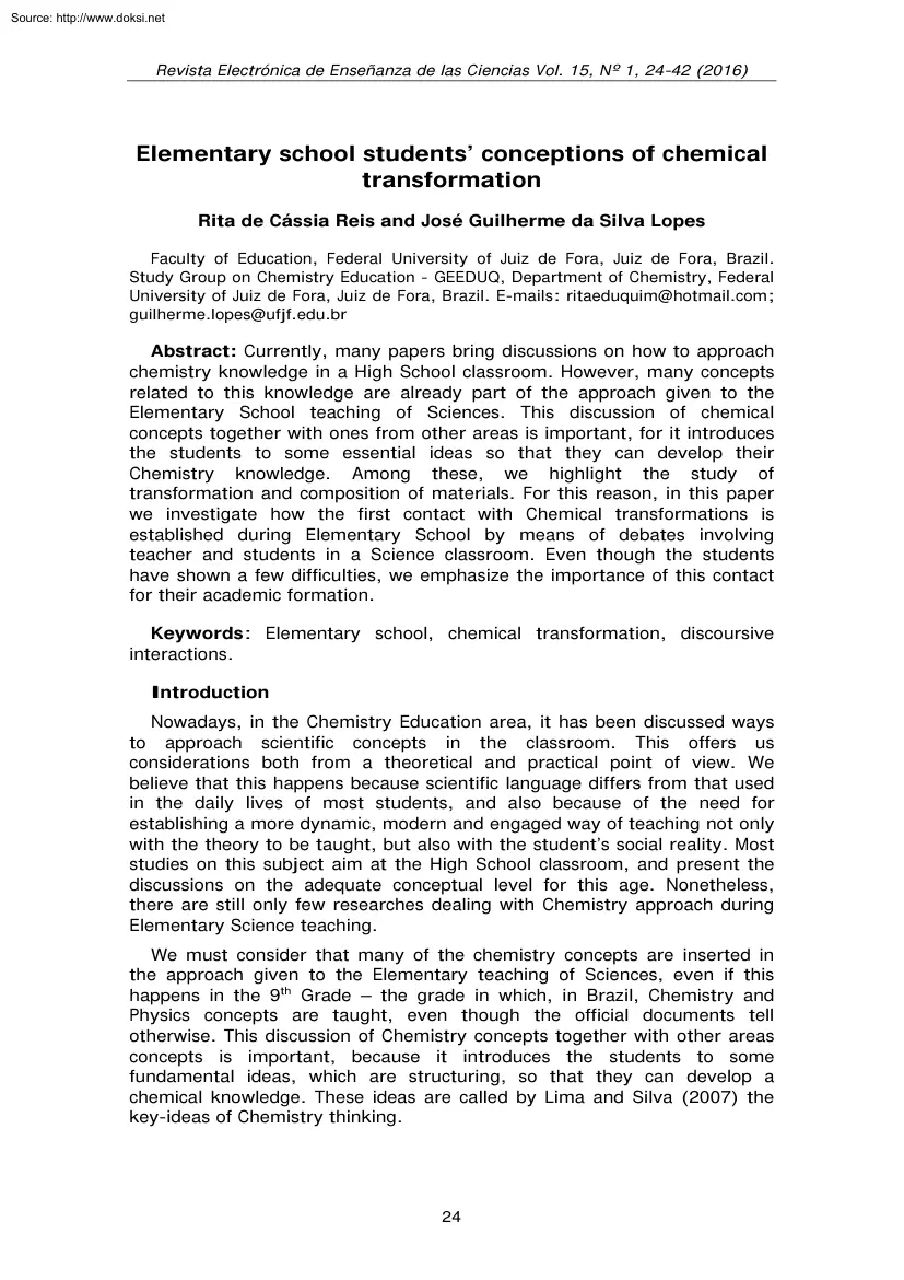 Elementary School Students Conceptions of Chemical Transformation