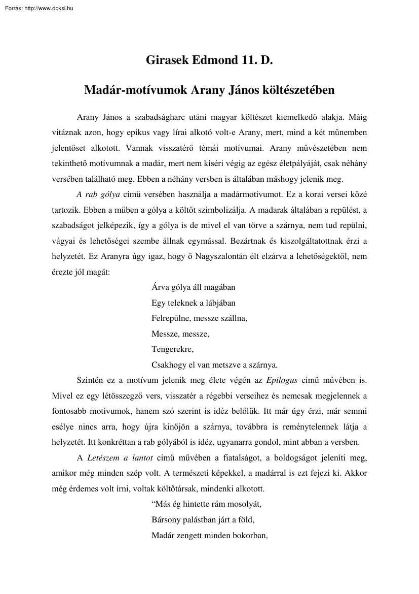 Girasek Edmond - Madár-motívumok Arany János költészetében