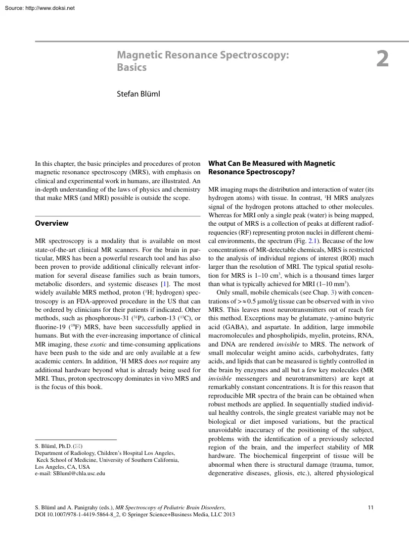 Stefan Blüml - Magnetic Resonance Spectroscopy, Basics