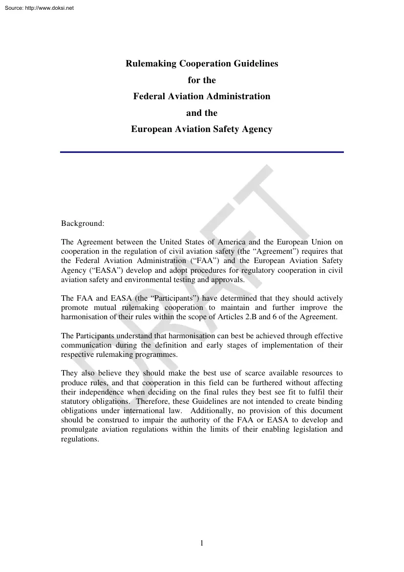 Rulemaking Cooperation Guidelines for the Federal Aviation Administration and the European Aviation