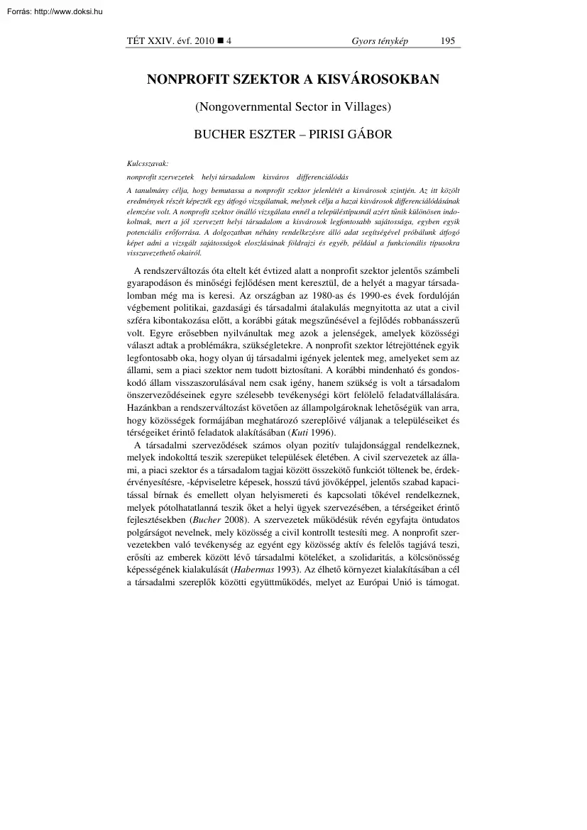 Bucher-Pirisi - Nonprofit szektor a kisvárosokban