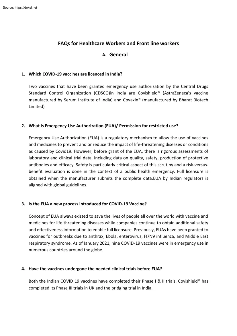 FAQs for Healthcare Workers and Front Line Workers
