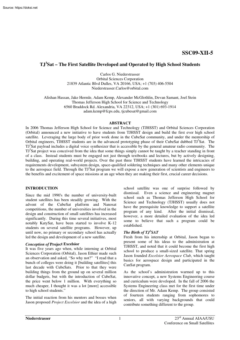Carlos G. Niederstrasser - TJ3Sat, The First Satellite Developed and Operated by High School