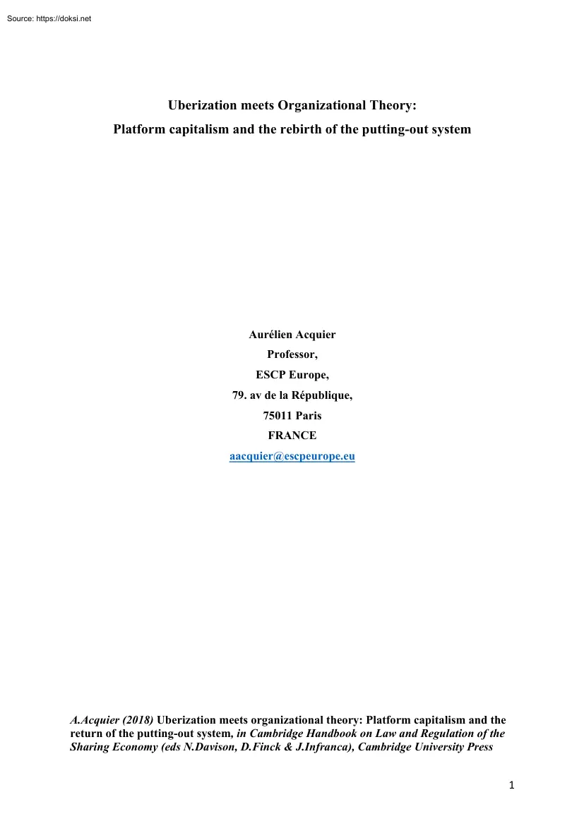 Aurelien Acquier - Uberization Meets Organizational Theory, Platform Capitalism and the Rebirth of