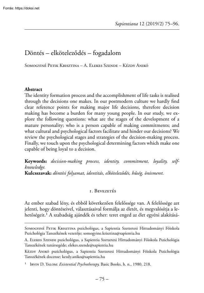 Döntés, elköteleződés, fogadalom