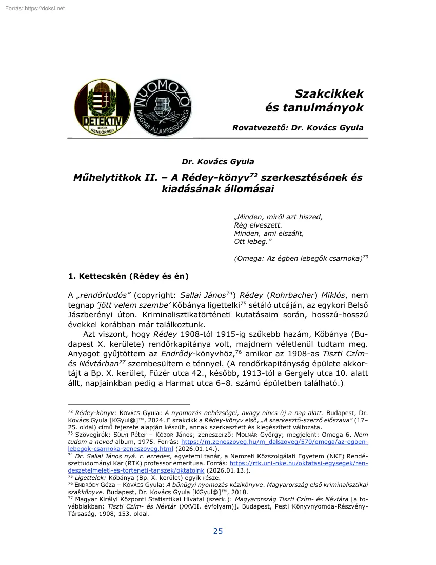 Dr. Kovács Gyula - Műhelytitkok II, A Rédey-könyv szerkesztésének és kiadásának állomása