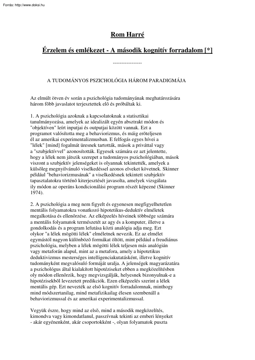 Rom Harré - Érzelem és emlékezet, a második kognitív forradalom