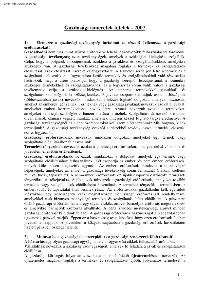 Gazdasági ismeretek tételek, 2007