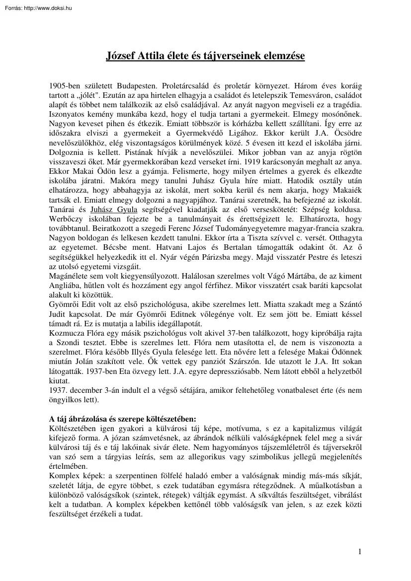 József Attila élete és tájverseinek elemzése