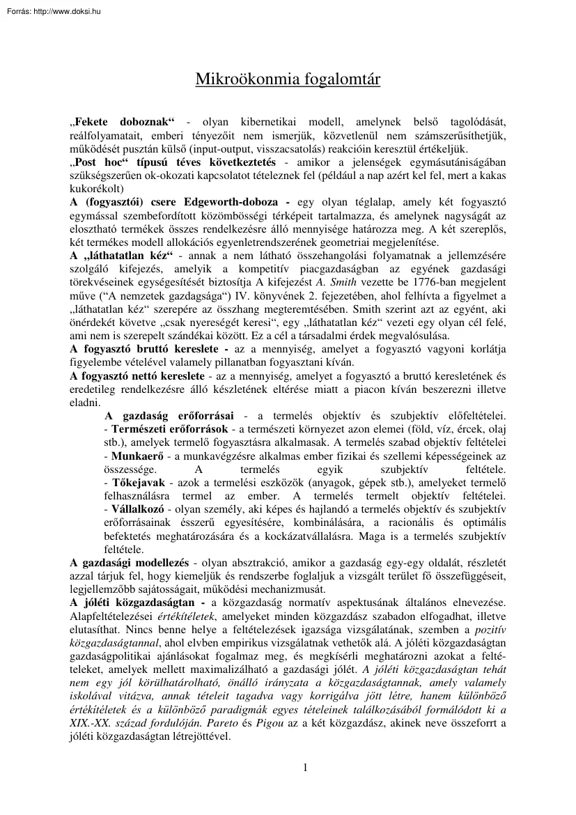 Mikroökonómia fogalomtár