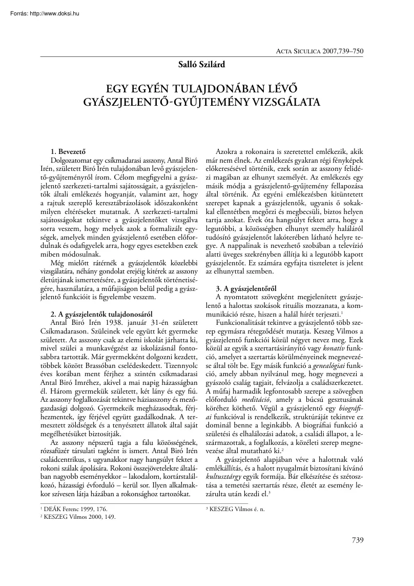 Salló Szilárd - Egy egyén tulajdonában lévő gyászjelentő gyűjtemény vizsgálata