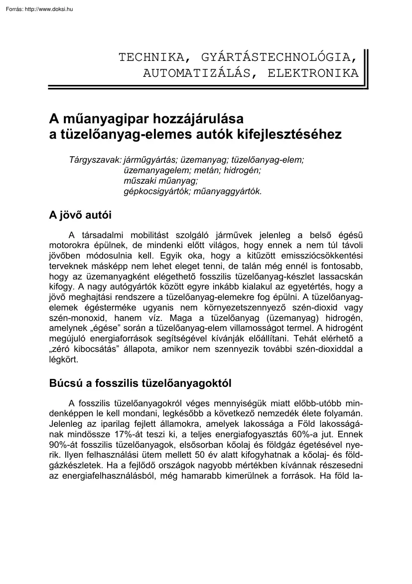 Bánhegyiné Dr. Tóth Ágnes - A műanyagipar hozzájárulása a tüzelőanyag-elemes autók