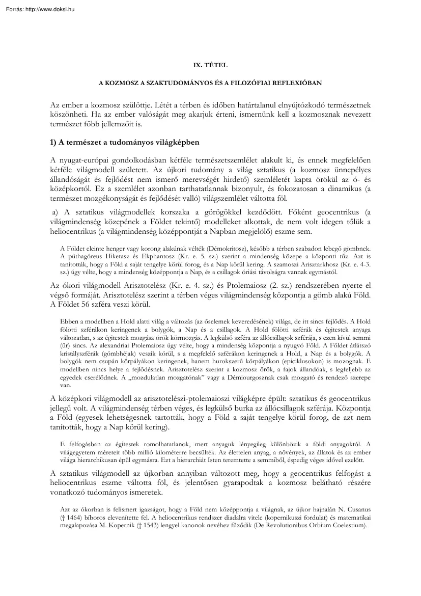 A kozmosz a szaktudományos és a filozófiai reflexióban