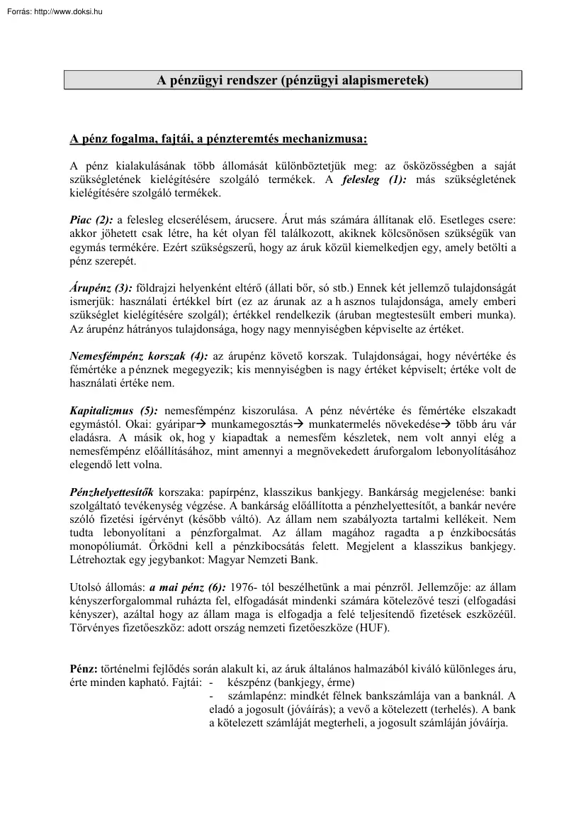 A pénzügyi rendszer, pénzügyi alapismeretek