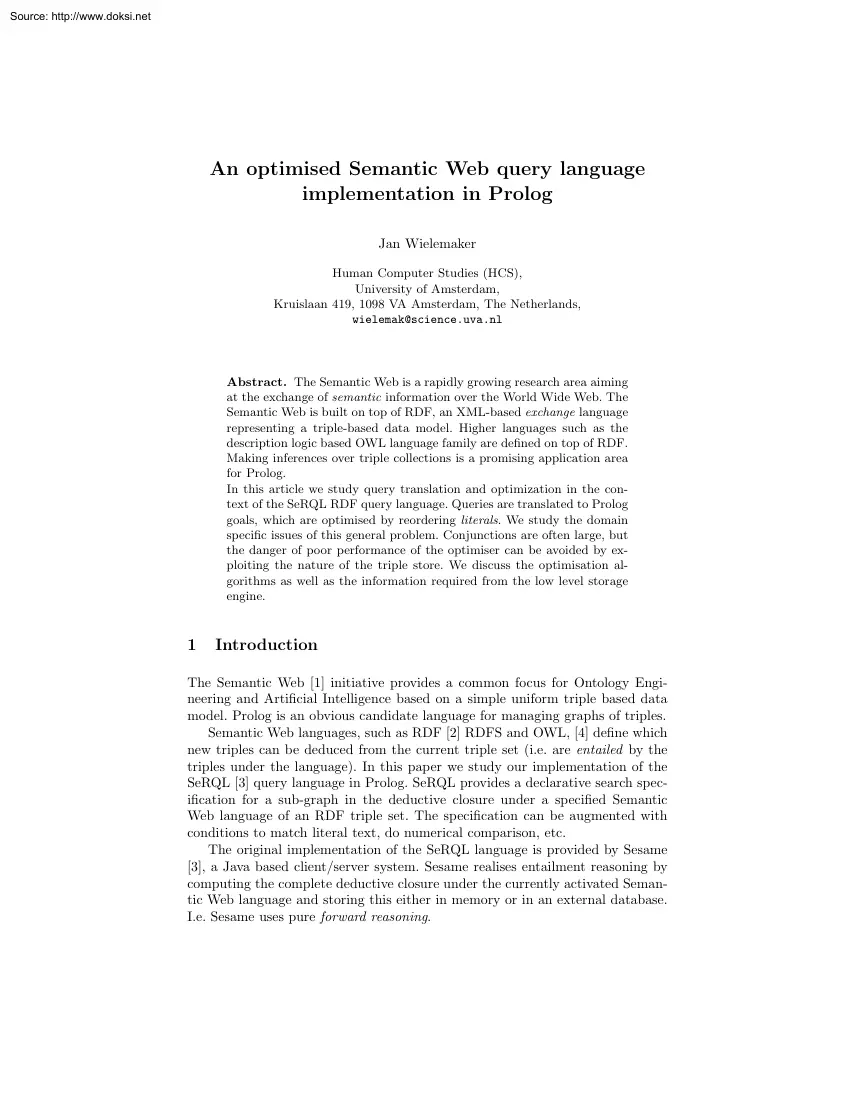 Jan Wielemaker - An Optimised Semantic Web query Language Implementation in Prolog