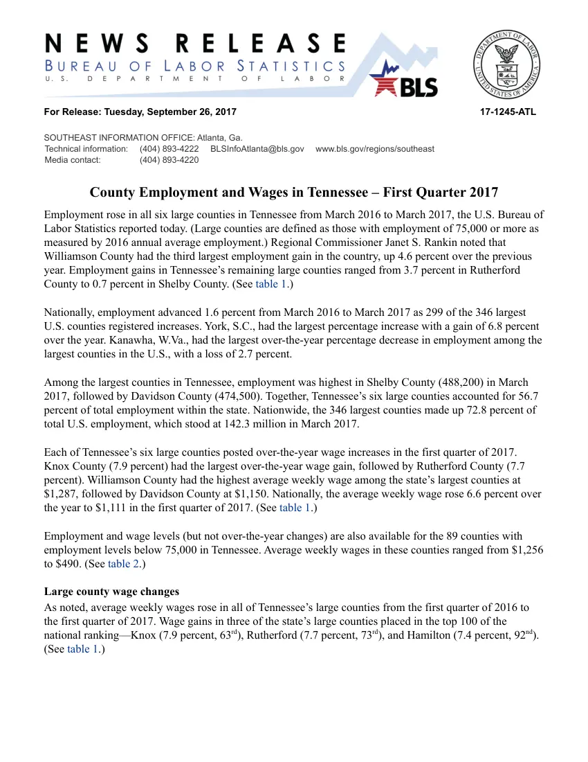 County Employment and Wages in Tennessee, First Quarter 2017
