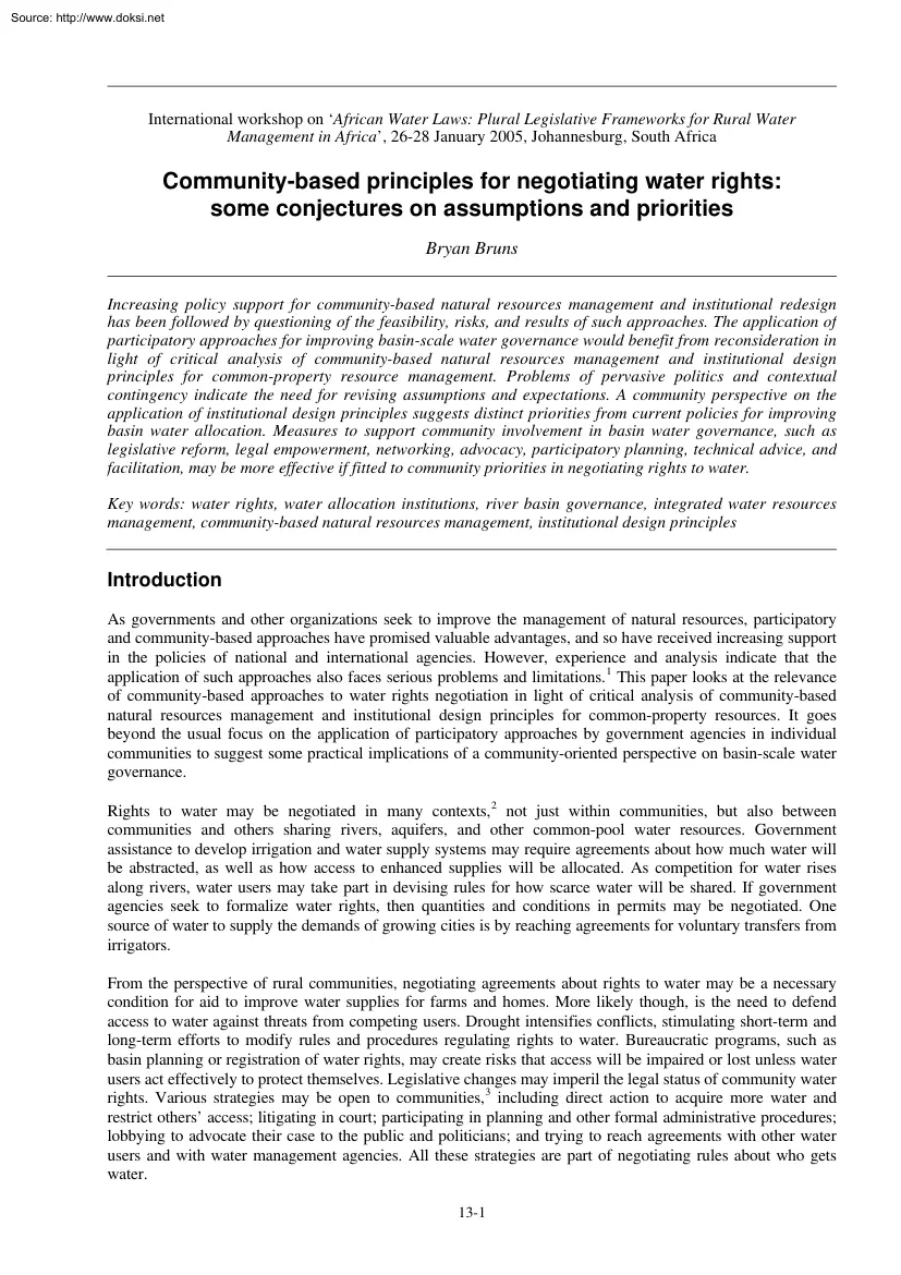 Bryan Bruns - Community Based Principles for Negotiating Water Rights, Some Conjectures on