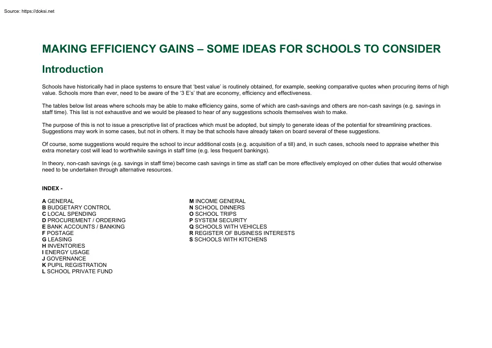 Making Efficiency Gains, Some Ideas for Schools to Consider