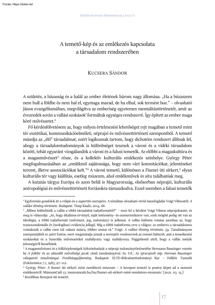 Kucsera Sándor - A temető-kép és az emlékezés kapcsolata a társadalom rendszerében