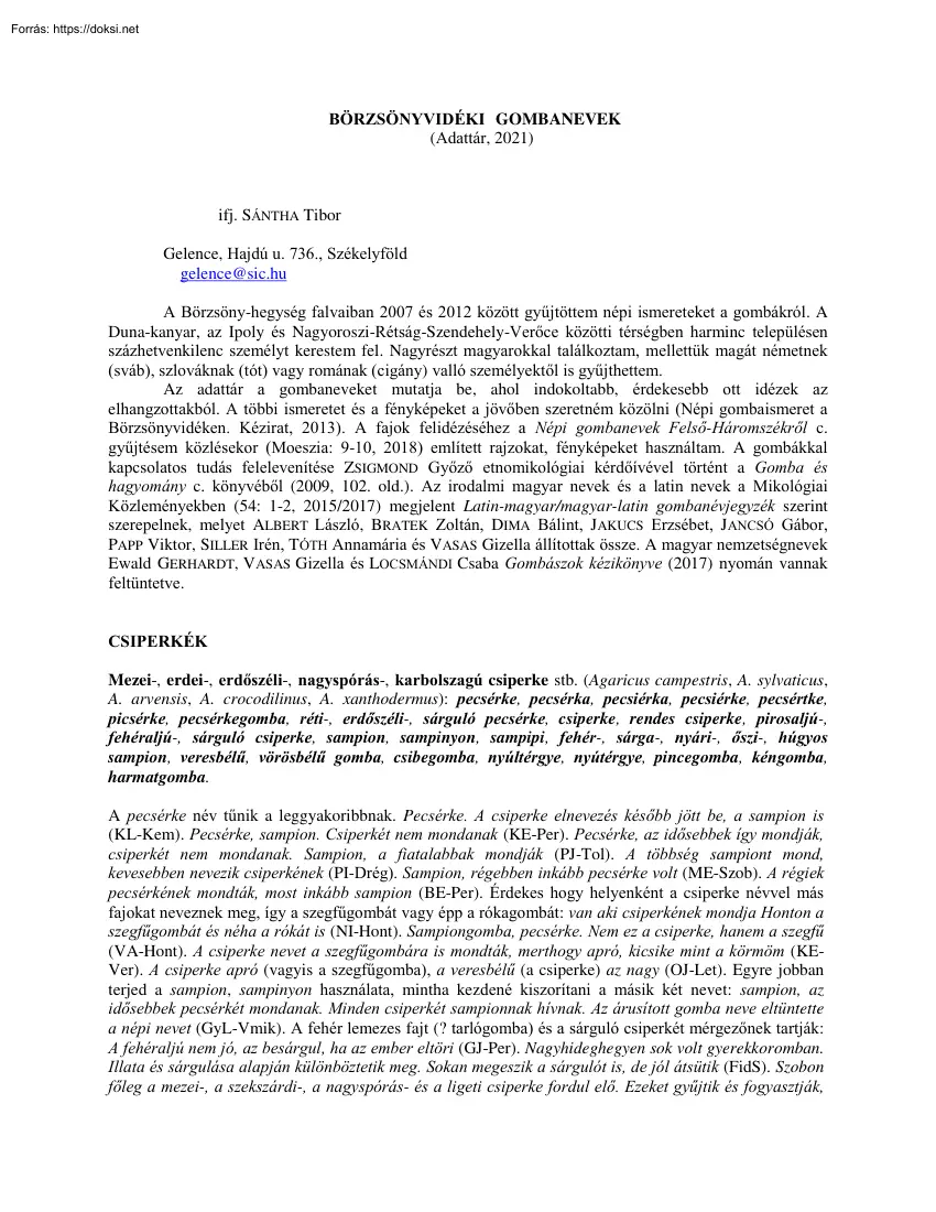 Sántha Tibor - Börzsönyvidéki gombanevek