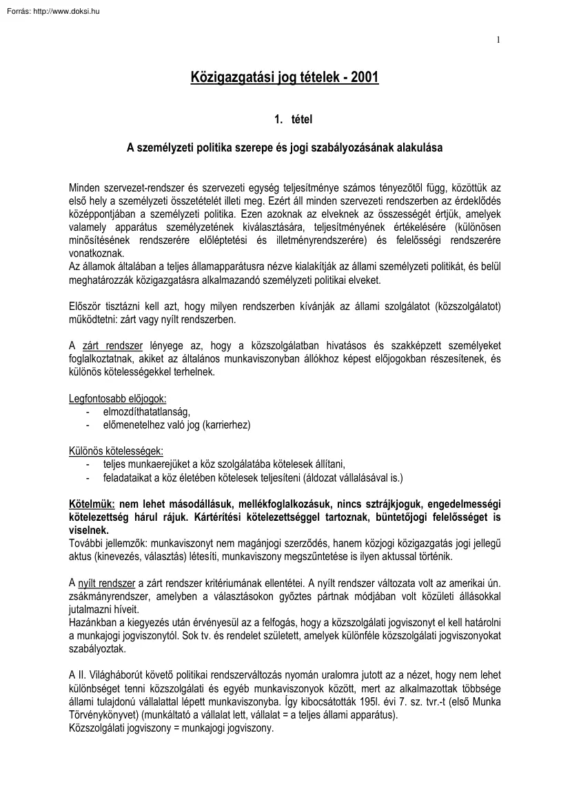 Közigazgatási jog tételek I, 2001