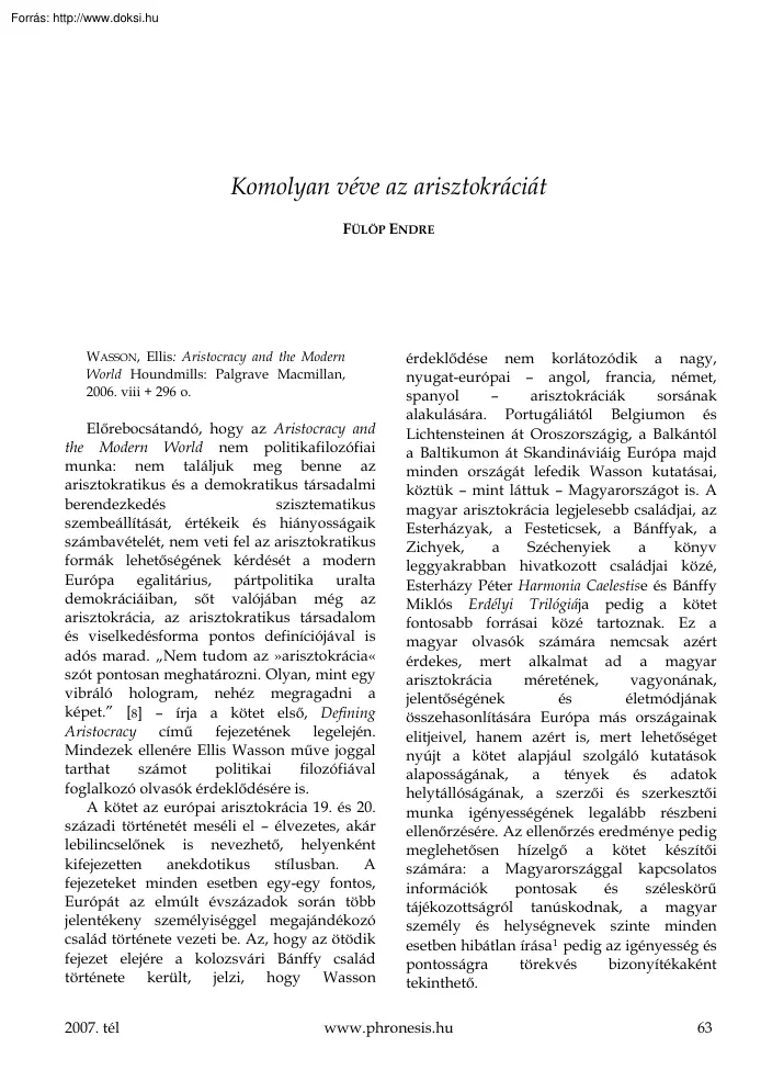 Fülöp Endre - Komolyan véve az arisztokráciát