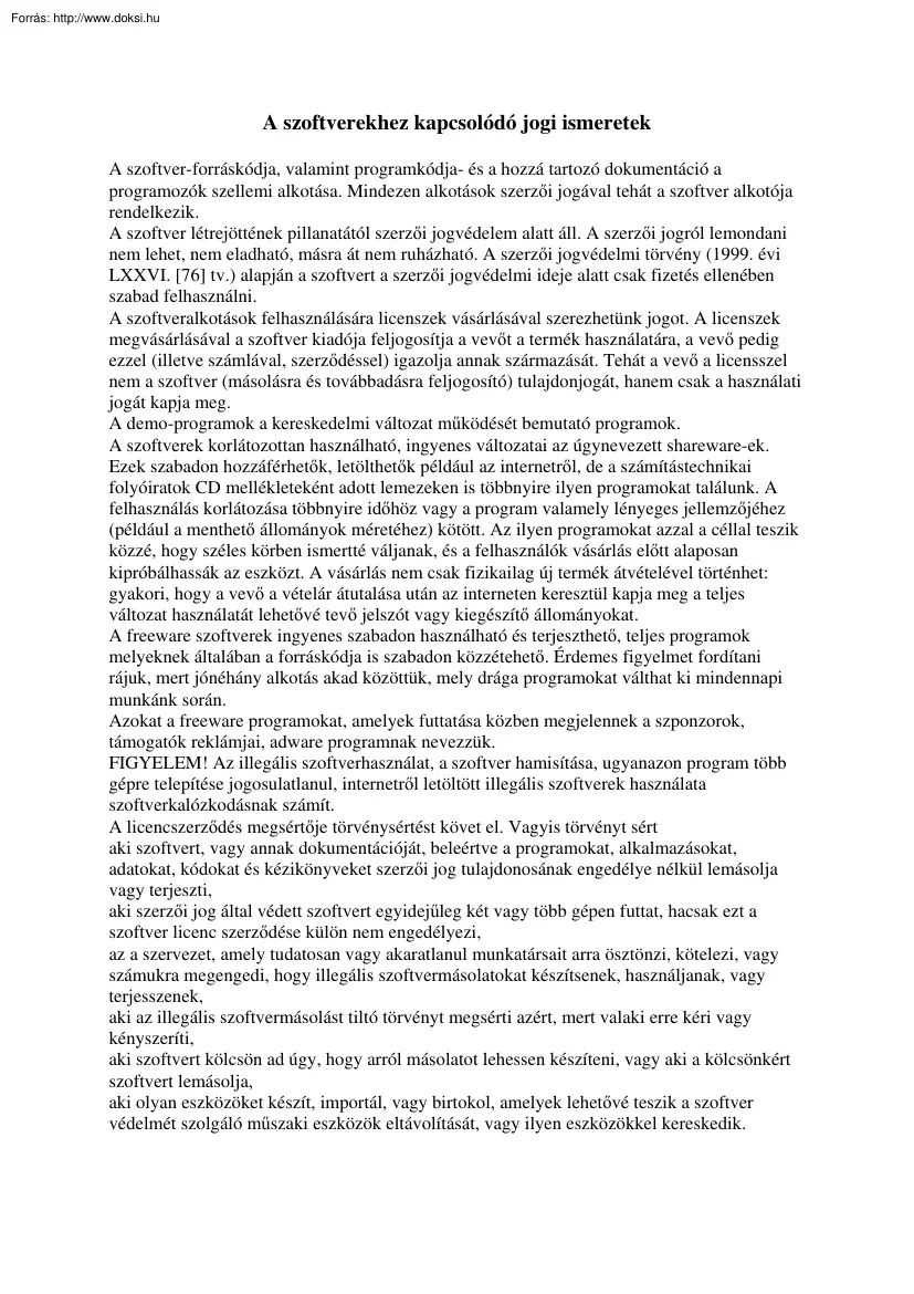 A szoftverekhez kapcsolódó jogi ismeretek