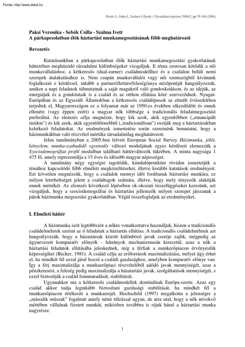 Paksi-Sebők-Szalma - A párkapcsolatban élők háztartási munkamegosztásának főbb