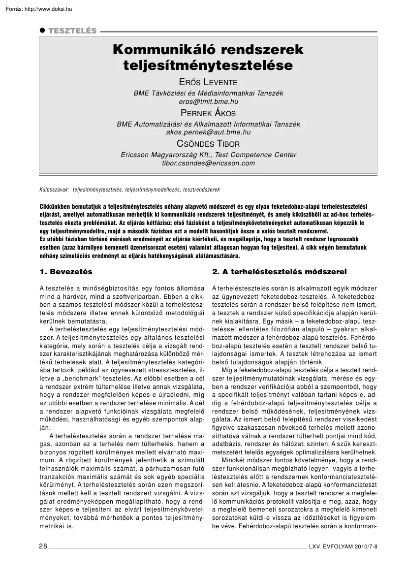 Erős-Pernek-Csöndes - Kommunikáló rendszerek teljesítménytesztelése