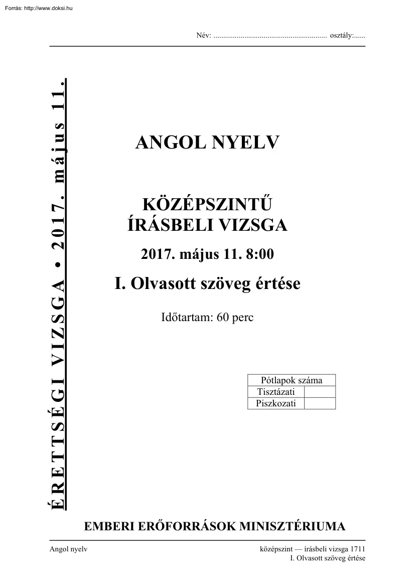 Angol közép szintű írásbeli érettségi vizsga, megoldással, 2017