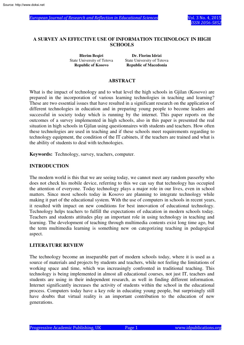Beqiri-Idrizi - A Survey an Effective Use of Information Technology in High Schools