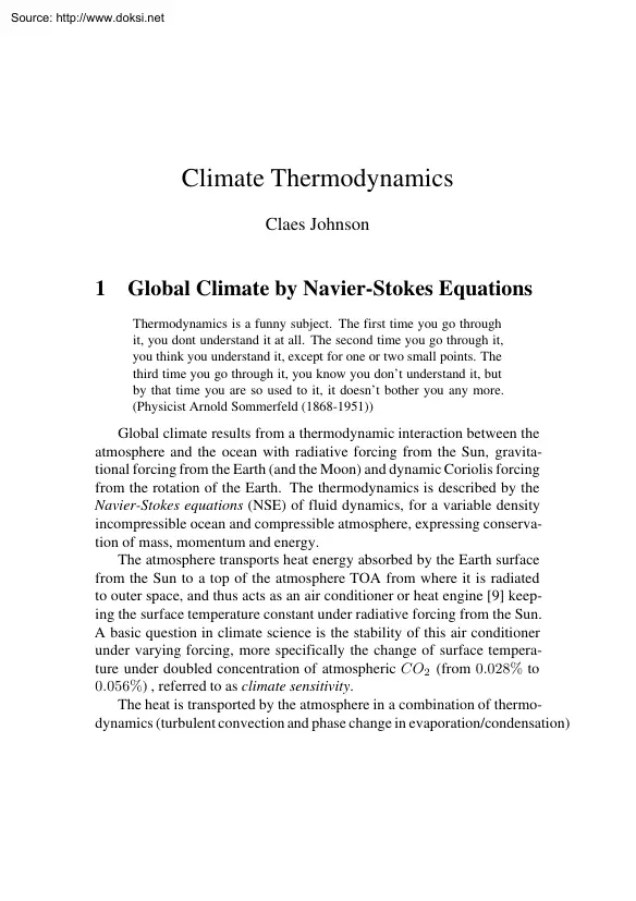 Claes Johnson - Climate Thermodynamics