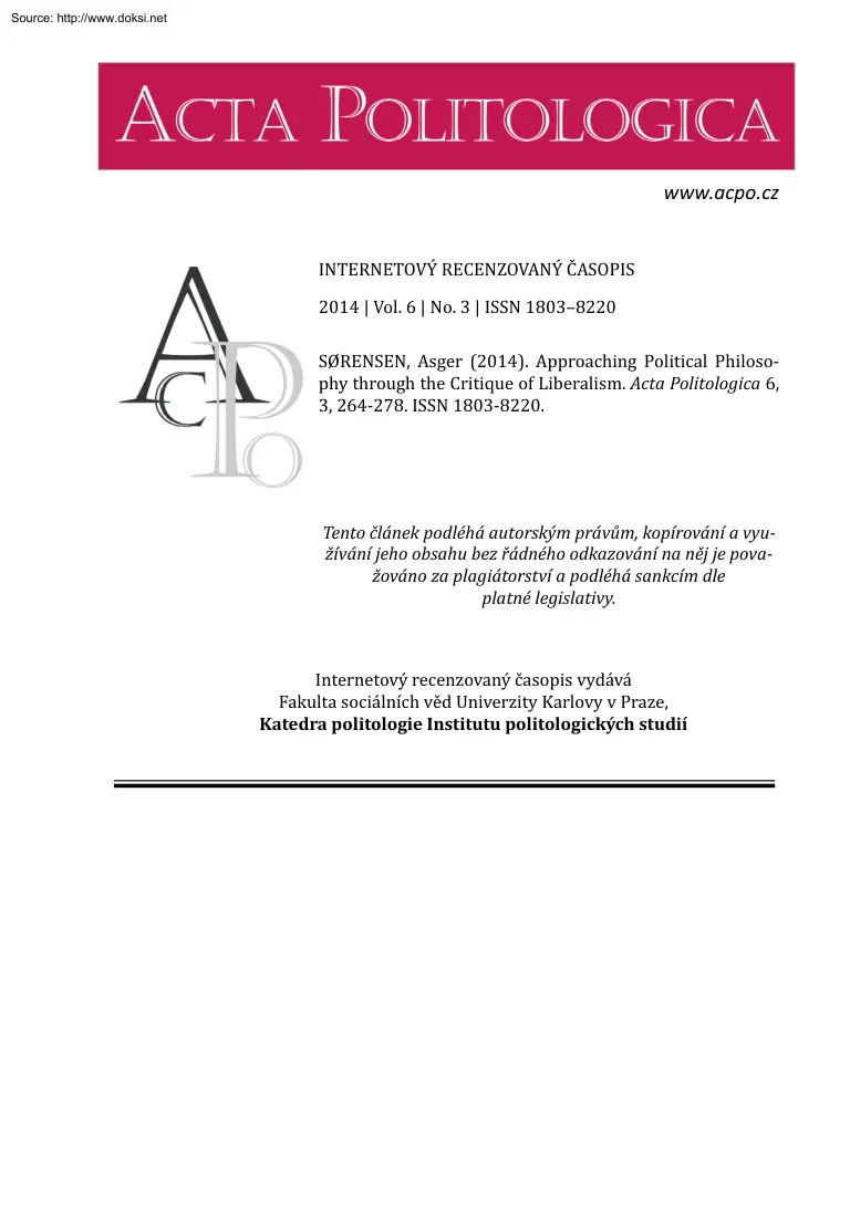 Asger Sorensen - Approaching Political Philosophy through the Critique of Liberalism