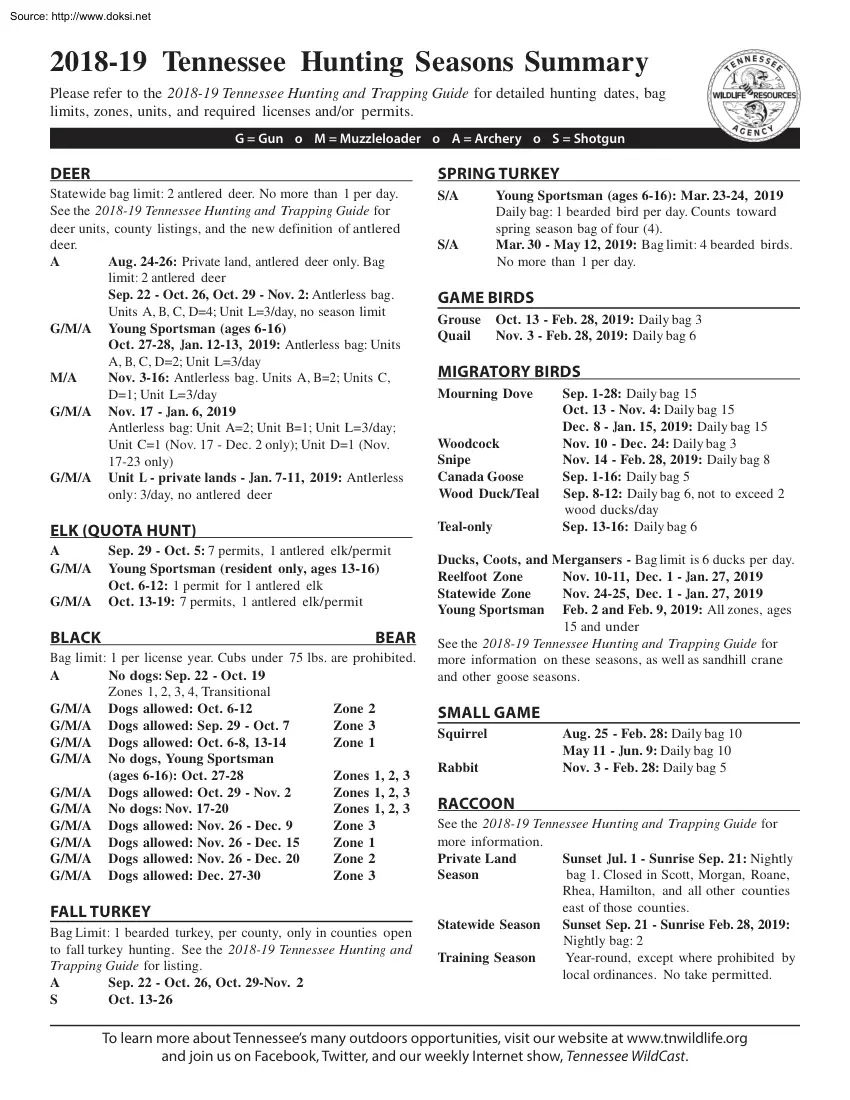 Tennessee Hunting Seasons Summary, 2018-2019
