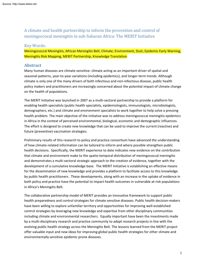 A Climate and Health Partnership to Inform The Prevention and Control of Meningoccocal Meningitis