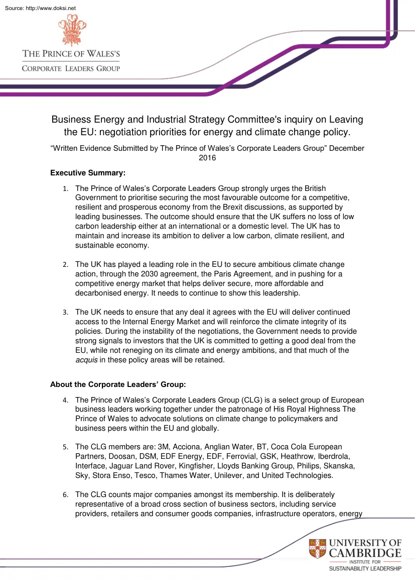 Business Energy and Industrial Strategy Committees Inquiry on Leaving the EU